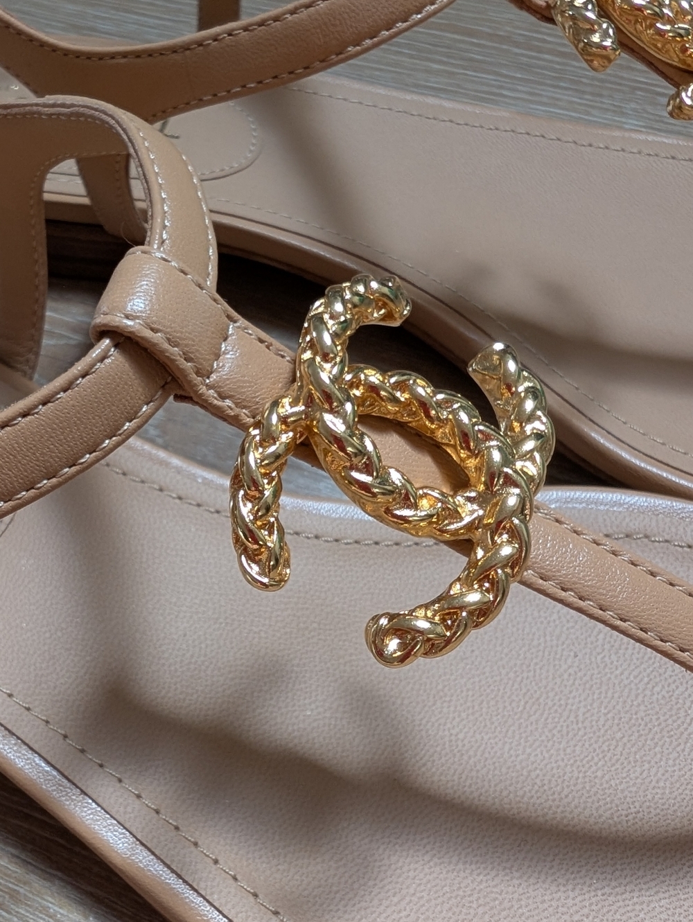 CHANEL Tan Leather T-Strap Sandals with Gold CC Hardware - Picture 5 of 9